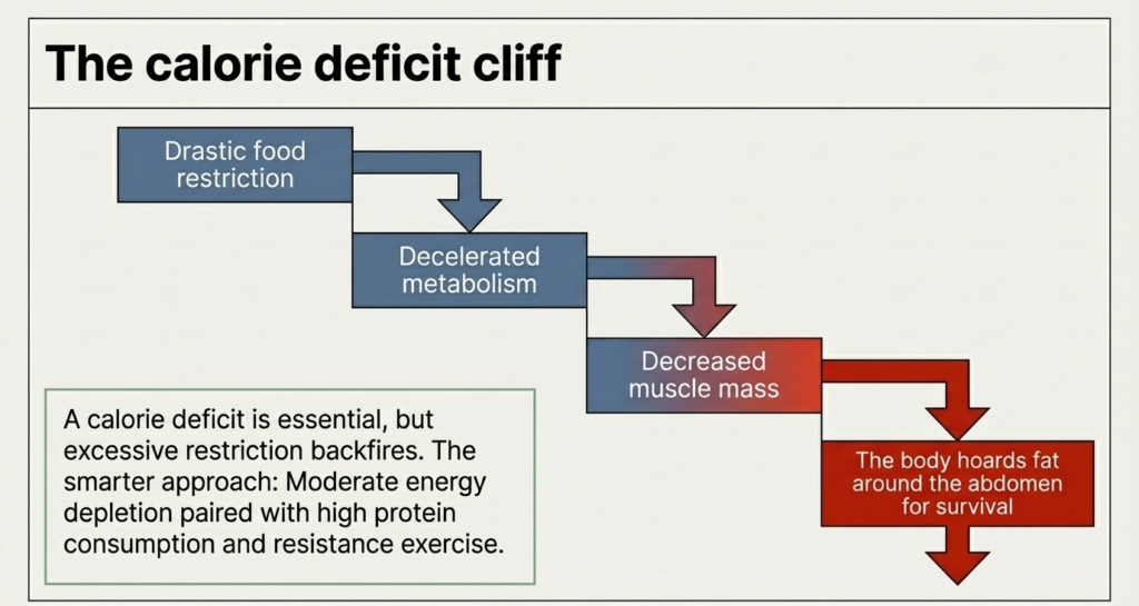 Diagram showing extreme dieting slowing metabolism and increasing fat storage