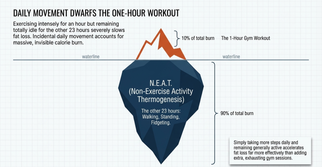 iceberg diagram showing neat contributes majority of daily calorie burn compared to workout