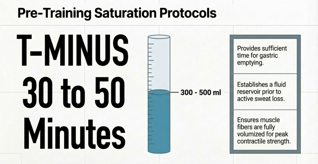 pre workout hydration showing 300-500 ml water intake 30 minutes before training
