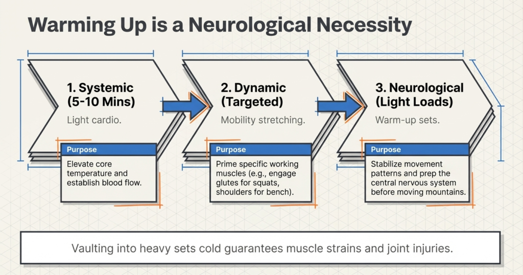 Diagram showing systemic, dynamic, and neurological warm-up phases before lifting heavy