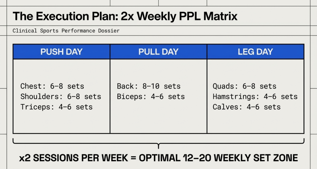 push pull legs workout plan showing sets per muscle group for hypertrophy