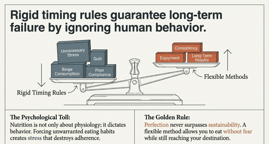 Scale comparing rigid meal timing rules with flexible sustainable dieting approach