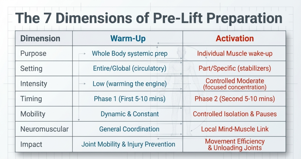 Table comparing warm-up and activation across purpose intensity timing and impact