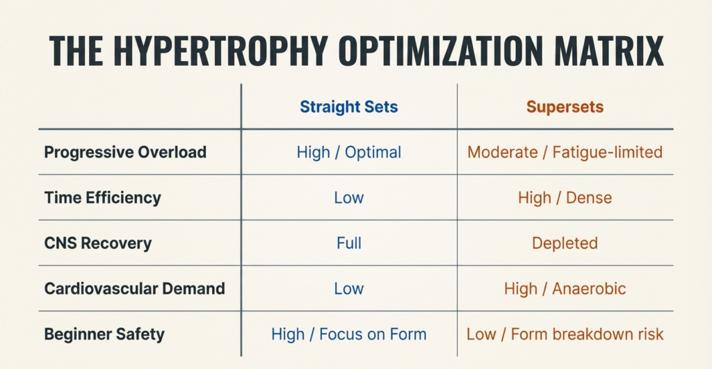 Comparison table showing differences between straight sets and supersets for hypertrophy training