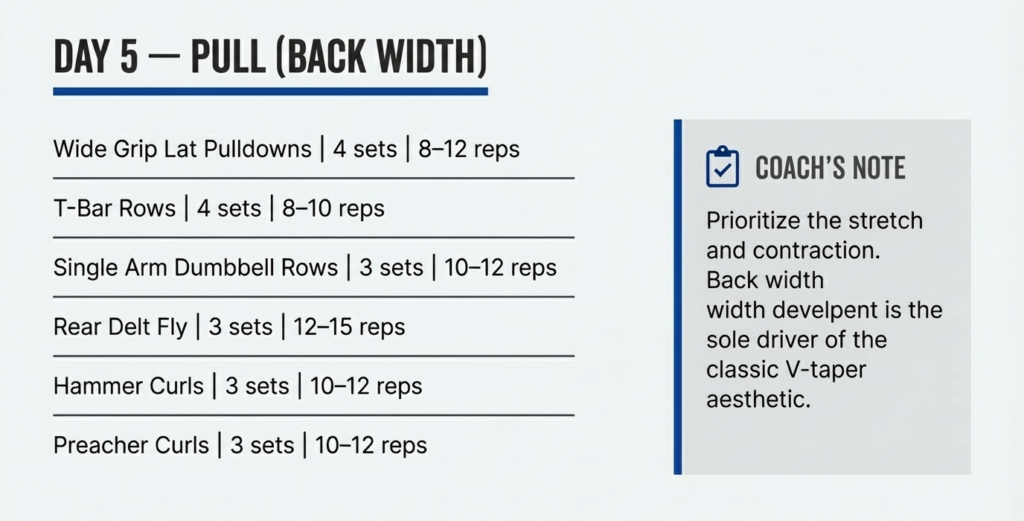 Day 5 pull workout featuring lat pulldowns T bar rows single arm dumbbell rows rear delt flyes hammer curls and preacher curls