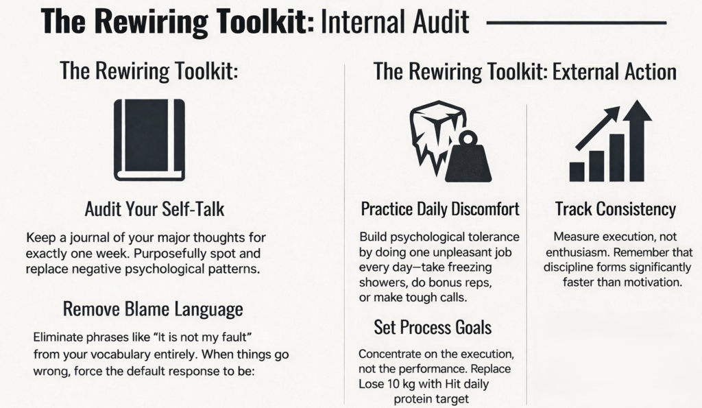 Minimalist infographic titled “The Rewiring Toolkit” divided into Internal Audit and External Action sections, highlighting audit self-talk, remove blame language, practice daily discomfort, set process goals, and track consistency.