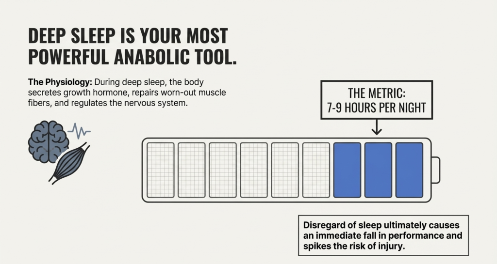 Sleep infographic showing 7 to 9 hours of sleep as the optimal recovery window for muscle repair and hormone production.