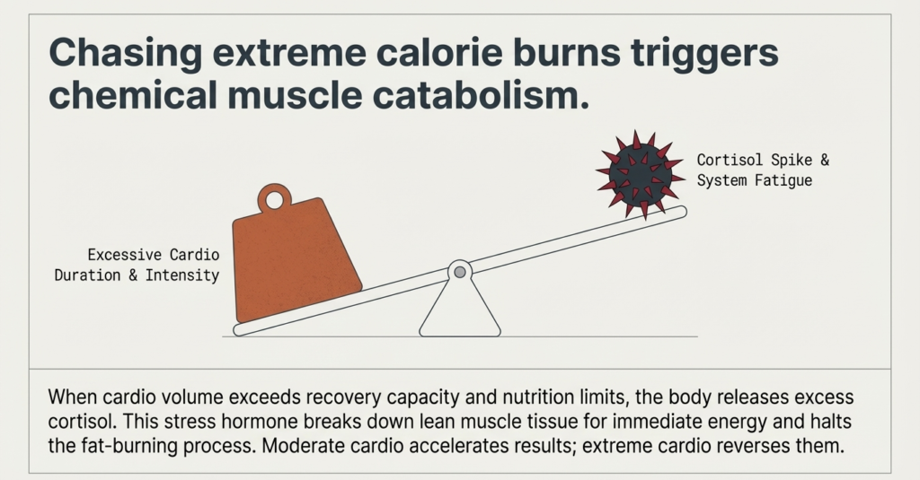 Infographic showing how excessive cardio raises cortisol levels and increases the risk of muscle breakdown during fat loss.