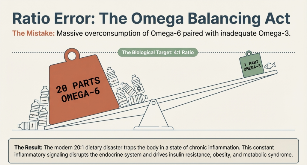 Infographic explaining the omega-6 to omega-3 imbalance and its role in chronic inflammation and hormonal disruption.