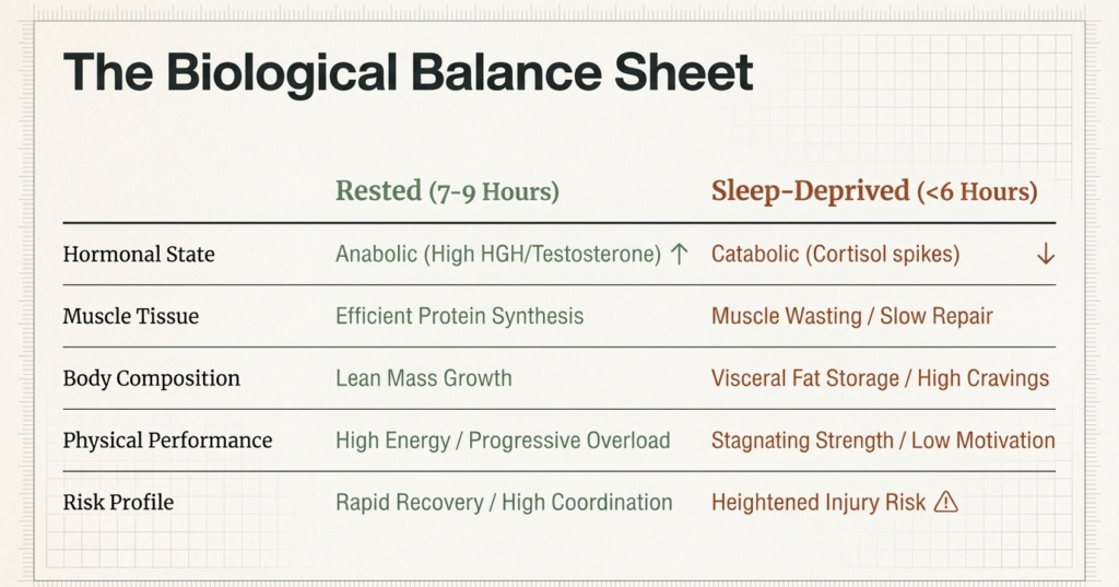 Comparison table showing differences between rested and sleep-deprived states affecting hormones, muscle growth, energy, and recovery.