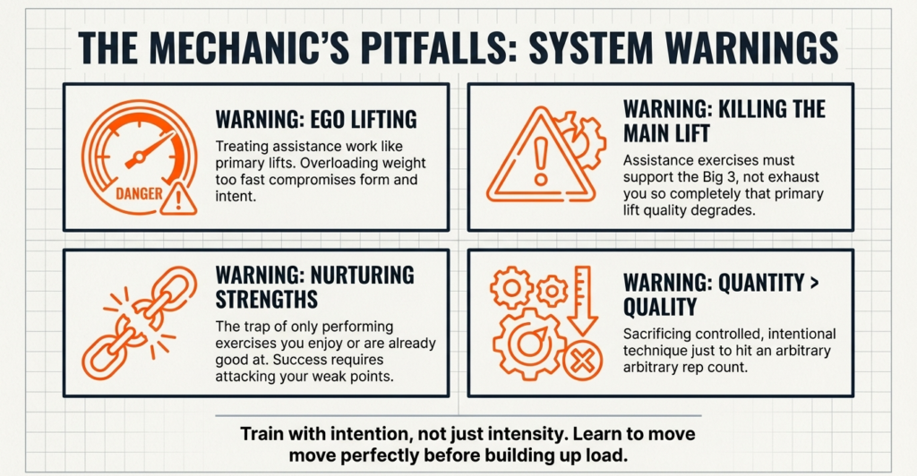 Infographic showing mistakes like ego lifting overtraining and poor technique in gym