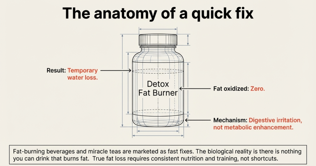 Illustration showing detox drinks only cause temporary water loss not fat loss