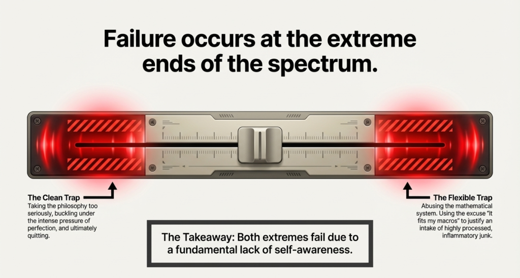 Illustration showing risks of extreme clean eating and flexible dieting mistakes