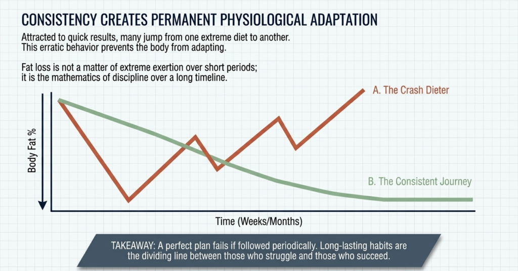 graph comparing inconsistent crash dieting vs steady fat loss through consistency