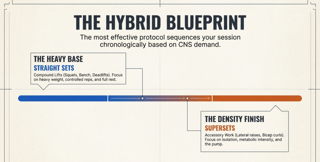 Workout structure combining straight sets for strength and supersets for accessory work