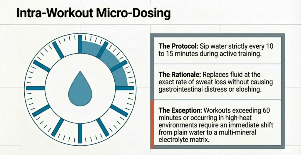 hydration strategy showing sipping water every 10-15 minutes during workout