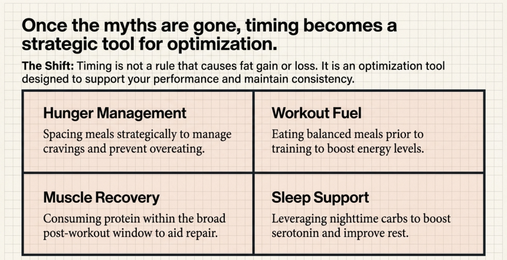 Chart showing benefits of meal timing for hunger control, performance, recovery and sleep