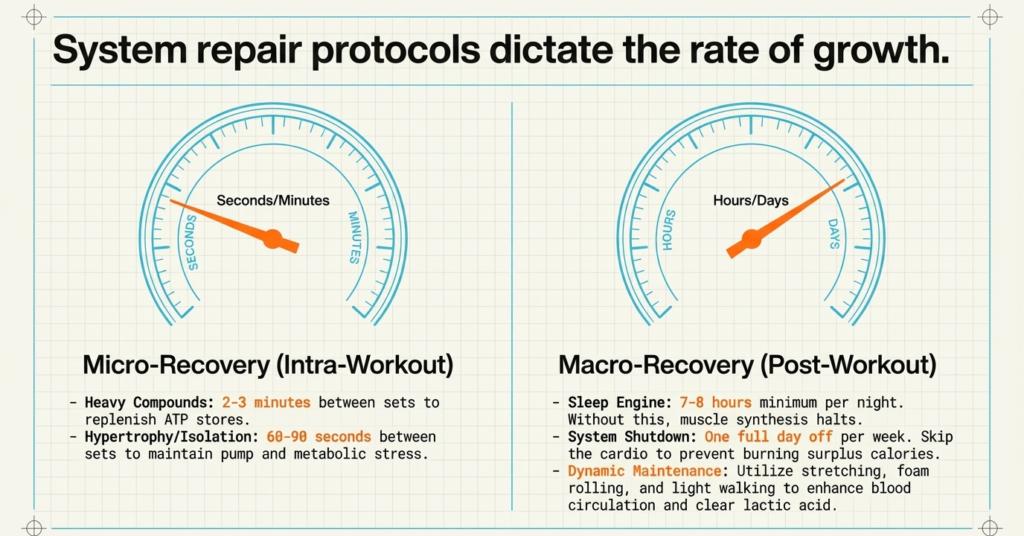 muscle recovery diagram showing intra workout rest and post workout sleep importance
