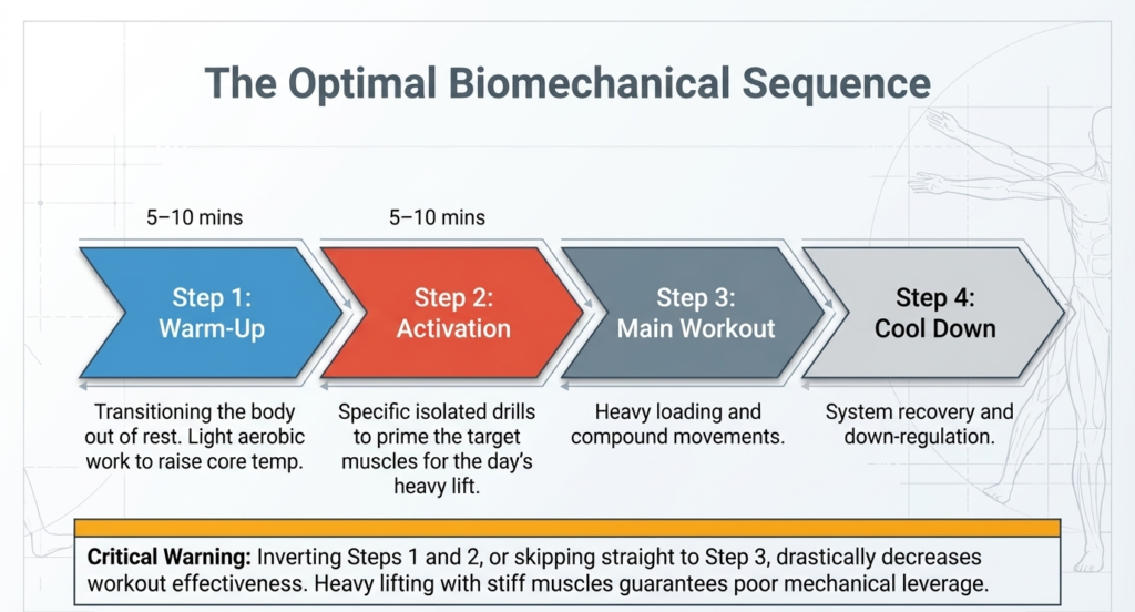 Warm-up activation workout and cool down sequence diagram