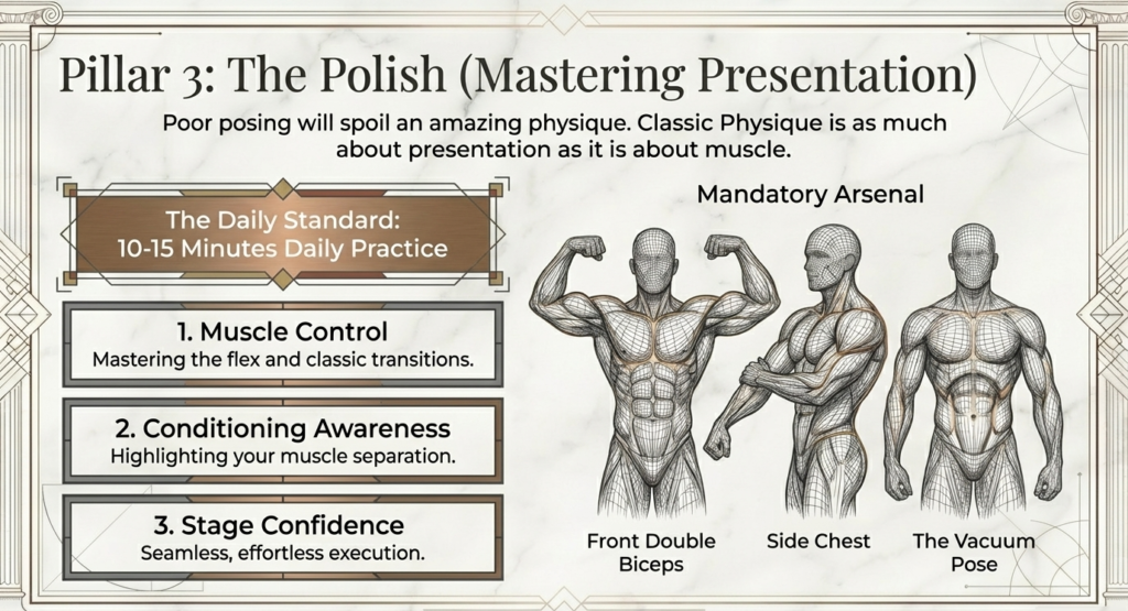 Illustration showing classic bodybuilding poses including front double biceps and vacuum pose