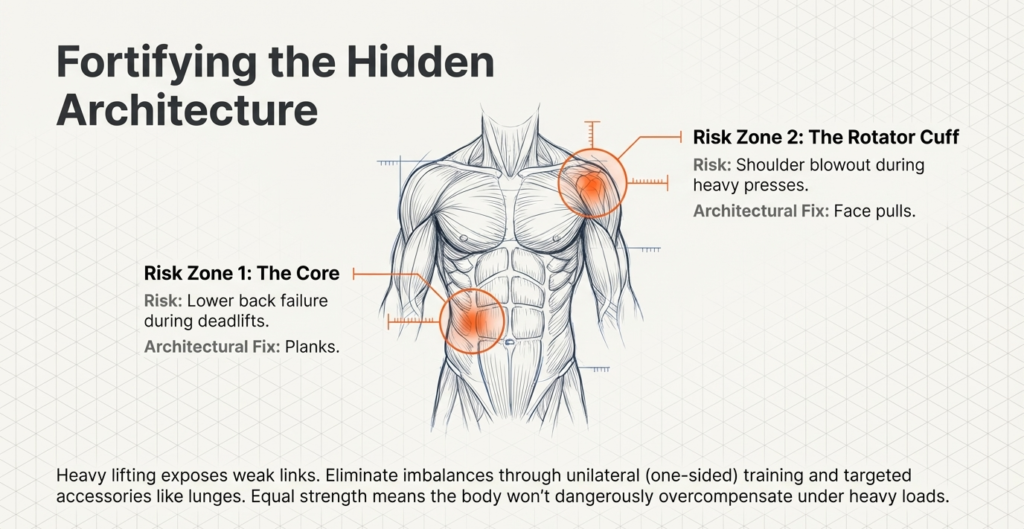 Human anatomy highlighting core and shoulder areas prone to injury during heavy lifting
