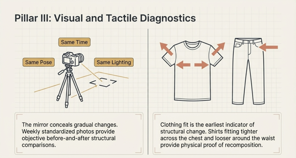 progress photo setup with same lighting and clothing fit changes showing muscle gain and fat loss