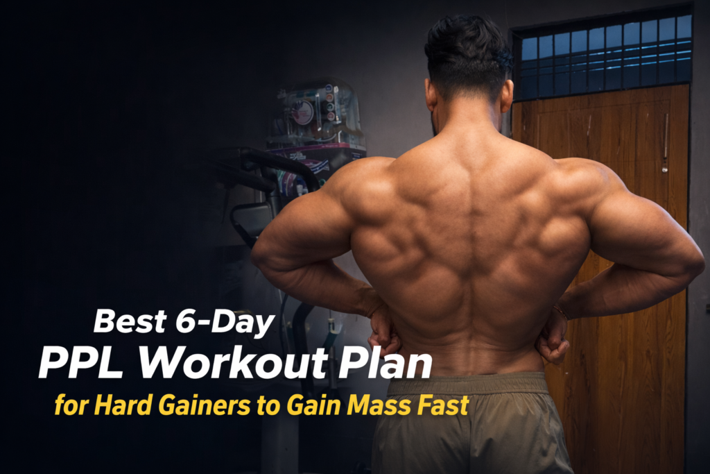 Muscular man back pose showing developed lats and traps used as banner for 6 day push pull legs workout plan for hard gainers