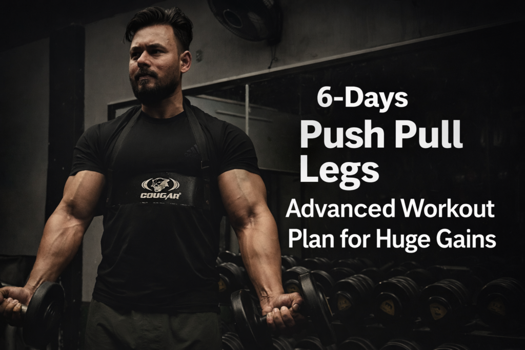 bodybuilder performing dumbbell curls in gym banner for 6 day push pull legs advanced workout plan for muscle growth and strength