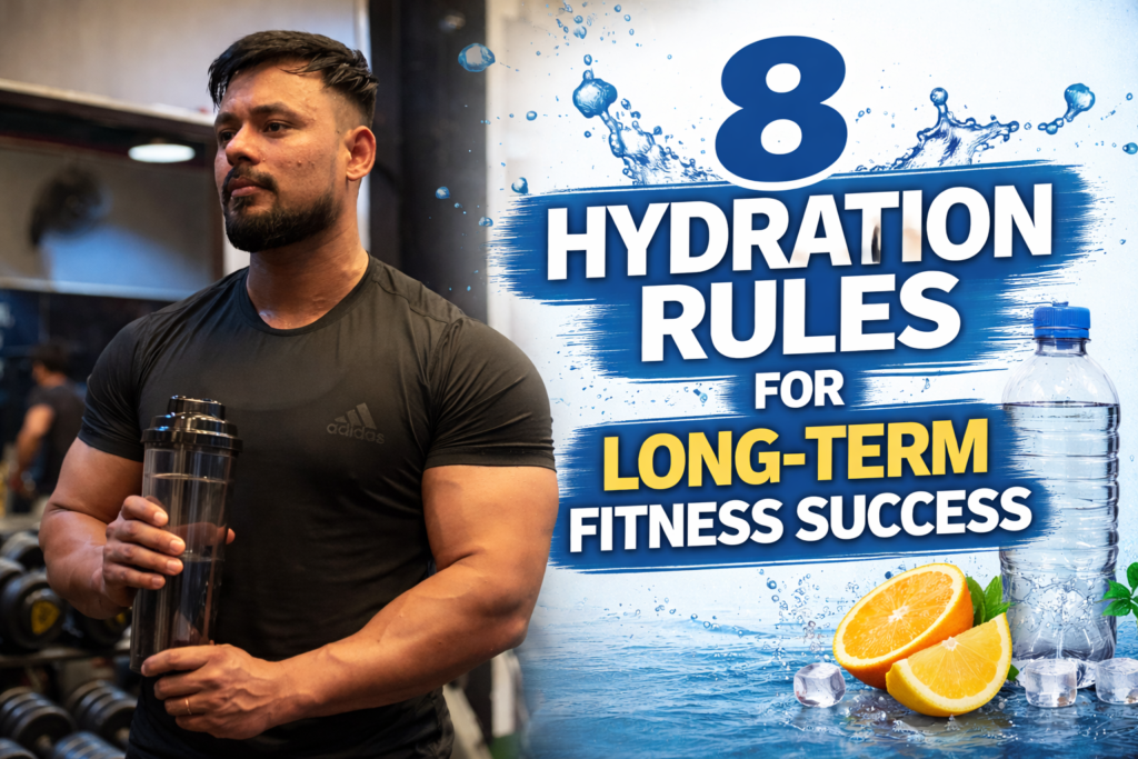 Muscular man in gym holding shaker bottle with text 8 Hydration Rules for Long-Term Fitness Success fitness blog banner