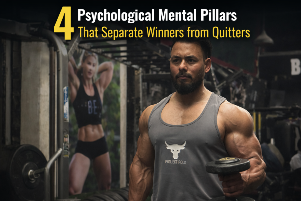 Fitness banner featuring a muscular man performing dumbbell curls in a gym with bold headline text about the four psychological mental pillars separating winners from quitters.