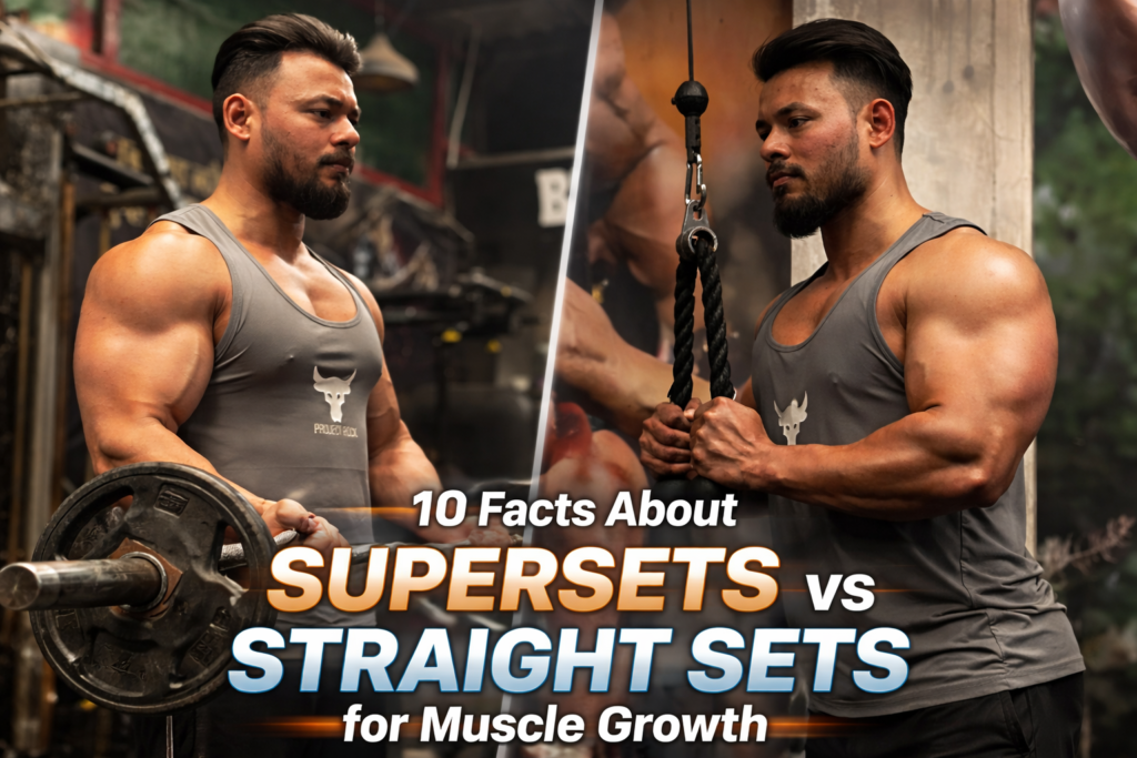 Muscular man performing barbell curls and triceps pushdown showing supersets vs straight sets workout for muscle growth