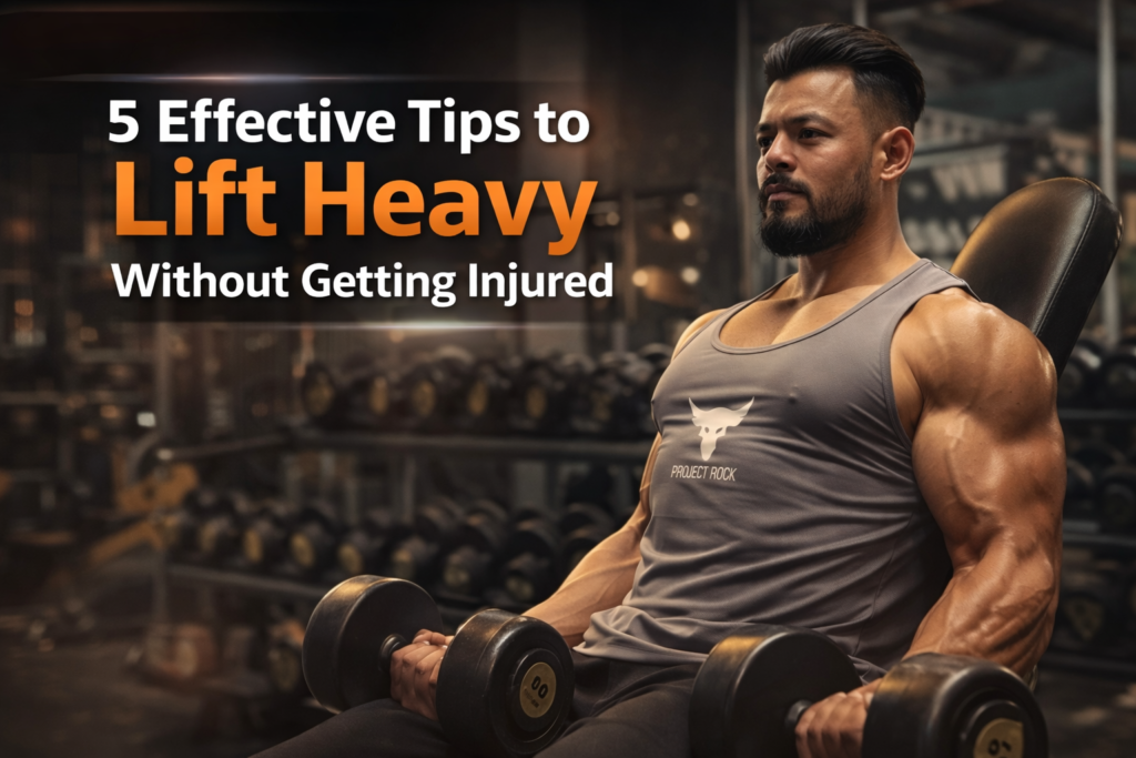 Muscular man performing incline dumbbell curls in gym demonstrating proper form for safe heavy lifting