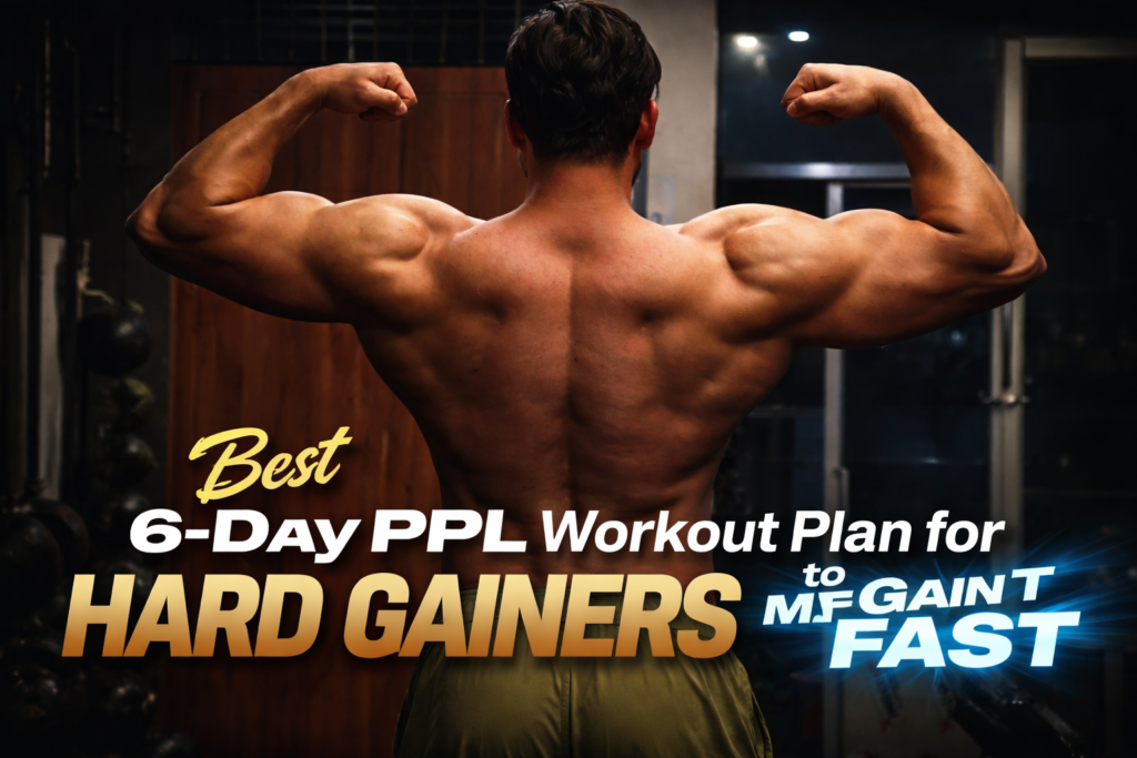 hard gainer back pose transformation showing muscle growth using 6 day push pull legs workout plan