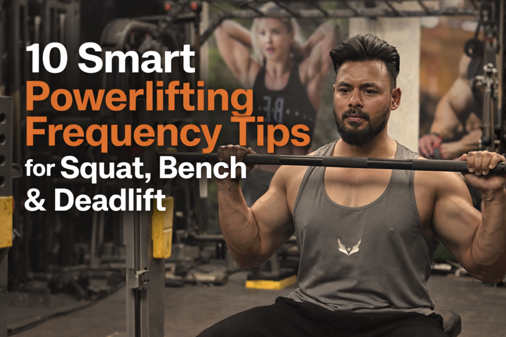 Man performing barbell workout in gym representing powerlifting frequency tips for squat bench and deadlift