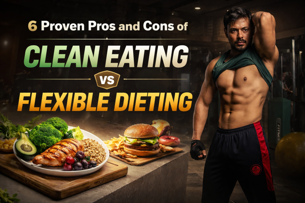 Muscular man in gym comparing clean eating vs flexible dieting with healthy food and junk food concept