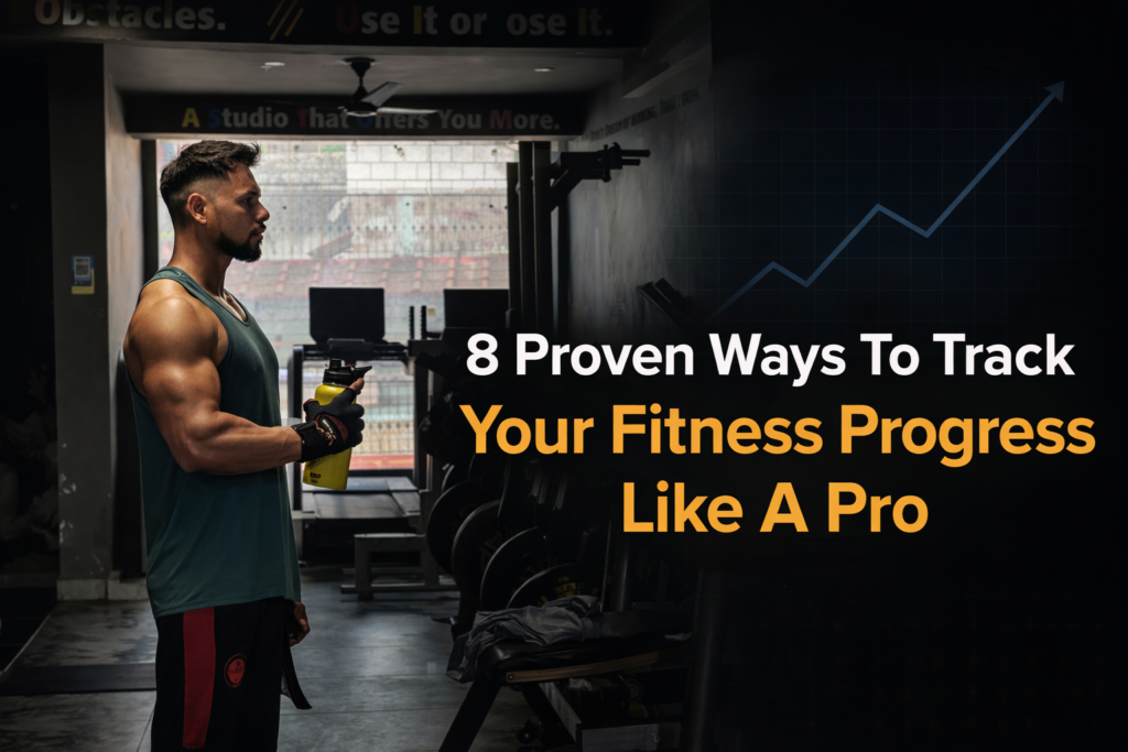 muscular man in gym holding shaker showing fitness progress tracking concept with strength and body transformation focus