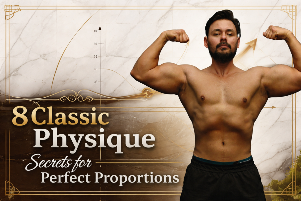 Muscular man flexing biceps showcasing classic physique proportions with the text “8 Classic Physique Secrets for Perfect Proportions” on a gold and marble background.