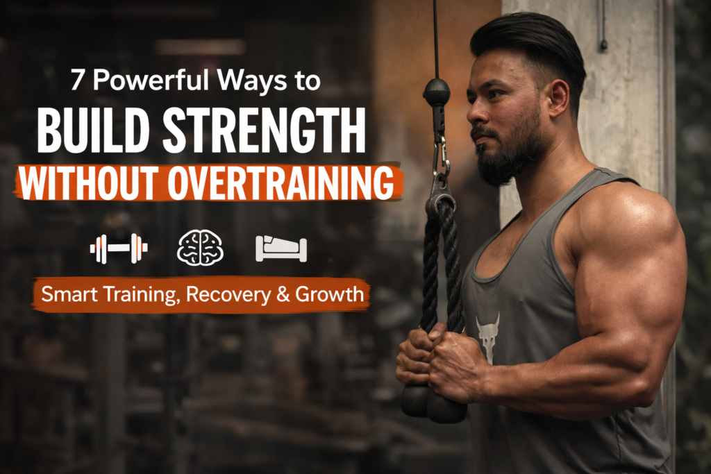 Athlete performing cable rope triceps pushdown in the gym representing smart strength training and building muscle without overtraining.