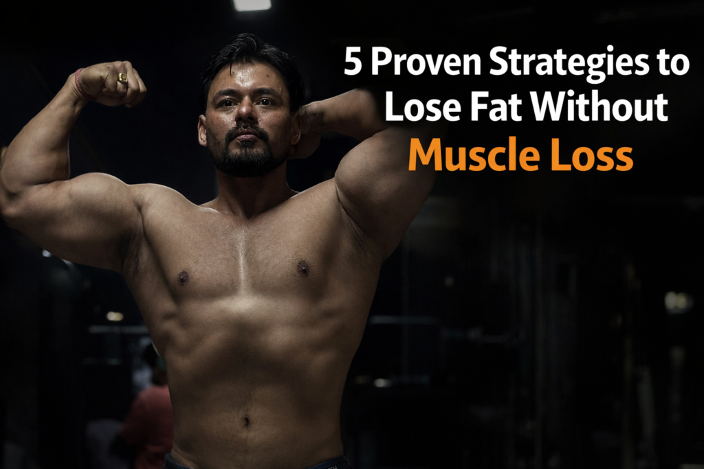 Muscular bodybuilder performing a front double biceps pose in the gym illustrating strategies to lose fat without losing muscle mass.