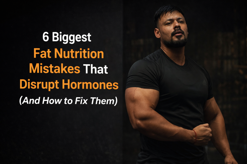 Muscular fitness coach posing in gym while explaining the biggest fat nutrition mistakes that disrupt hormones and testosterone production.