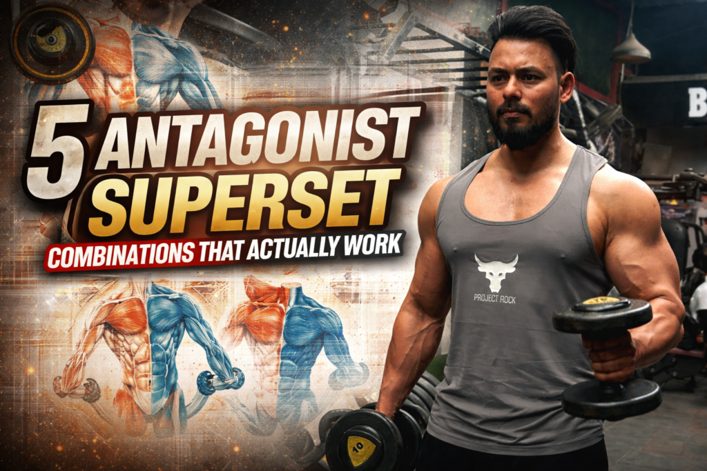 Fitness coach performing dumbbell curls in the gym demonstrating antagonist superset workout training for muscle growth and strength.