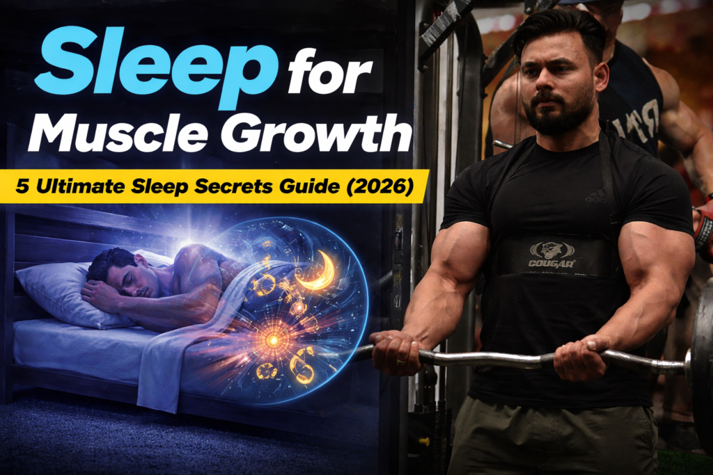 Muscular man performing barbell curls in gym with banner highlighting sleep importance for muscle growth and recovery