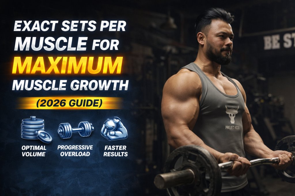 man performing barbell curls in gym showing optimal sets per muscle for hypertrophy training 2026