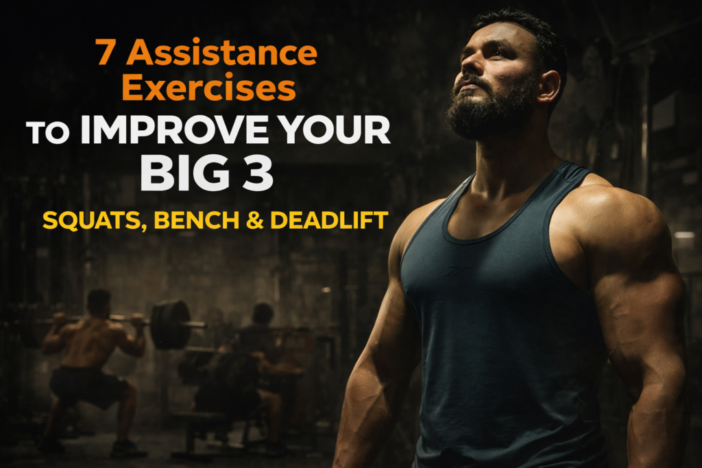 Muscular man in dark gym banner highlighting 7 assistance exercises to improve squat bench press and deadlift strength