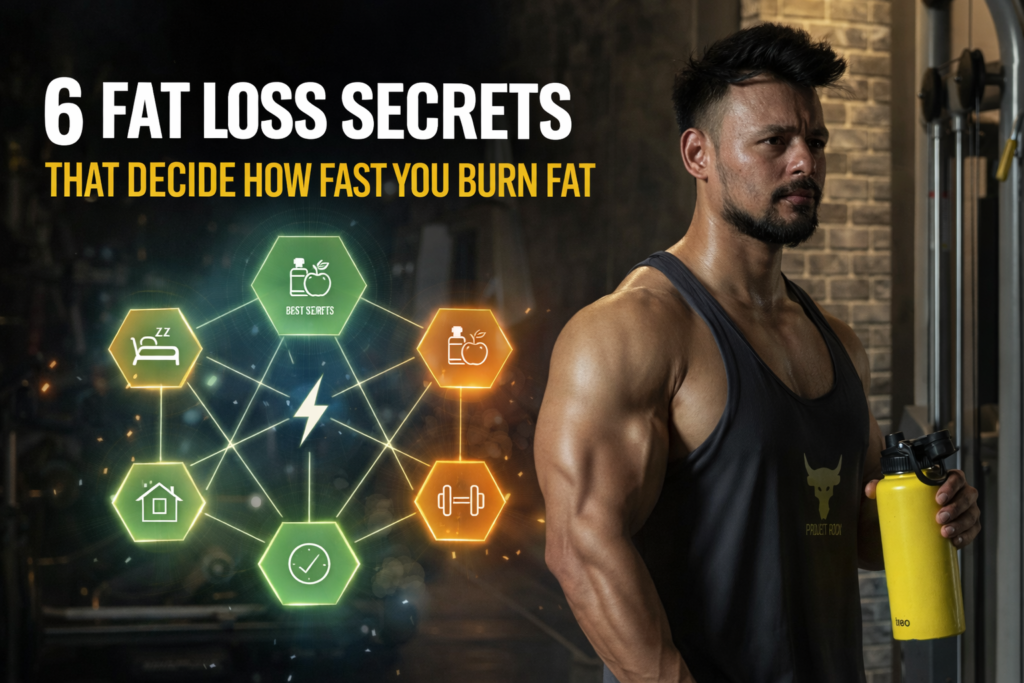 muscular man in gym holding shaker bottle with fat loss system diagram showing six factors that affect fat burning speed