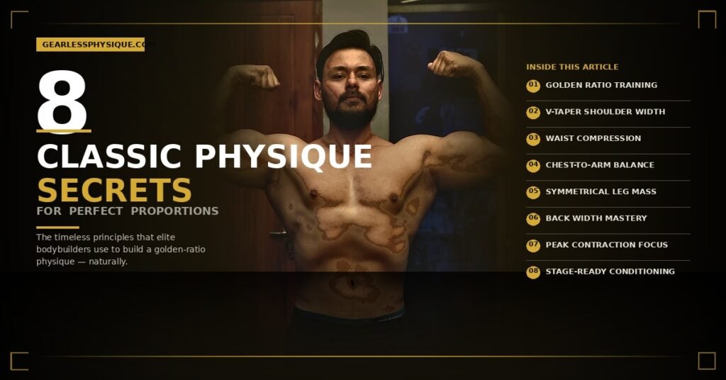 Muscular man flexing biceps showcasing classic physique proportions with the text “8 Classic Physique Secrets for Perfect Proportions” on a gold and marble background.