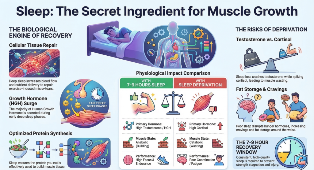 Infographic explaining how sleep improves muscle growth through growth hormone release, protein synthesis, testosterone balance, and recovery compared with sleep deprivation. sleep for muscle growth, muscle growth and sleep, why sleep is important for muscle growth, testosterone and sleep muscle gain.