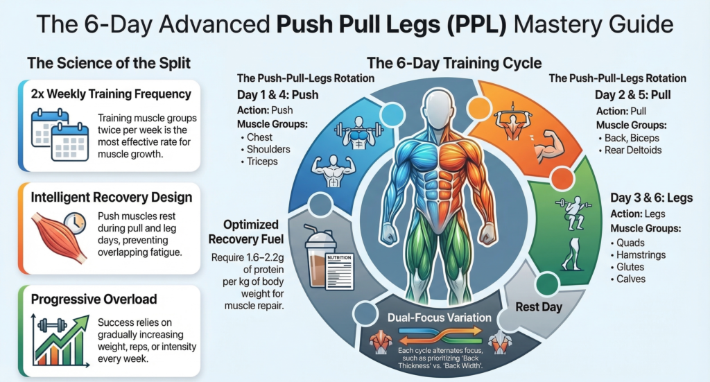 6-day advanced Push Pull Legs workout split infographic showing push, pull, and legs training cycle with muscle groups, recovery strategy, and progressive overload for hypertrophy