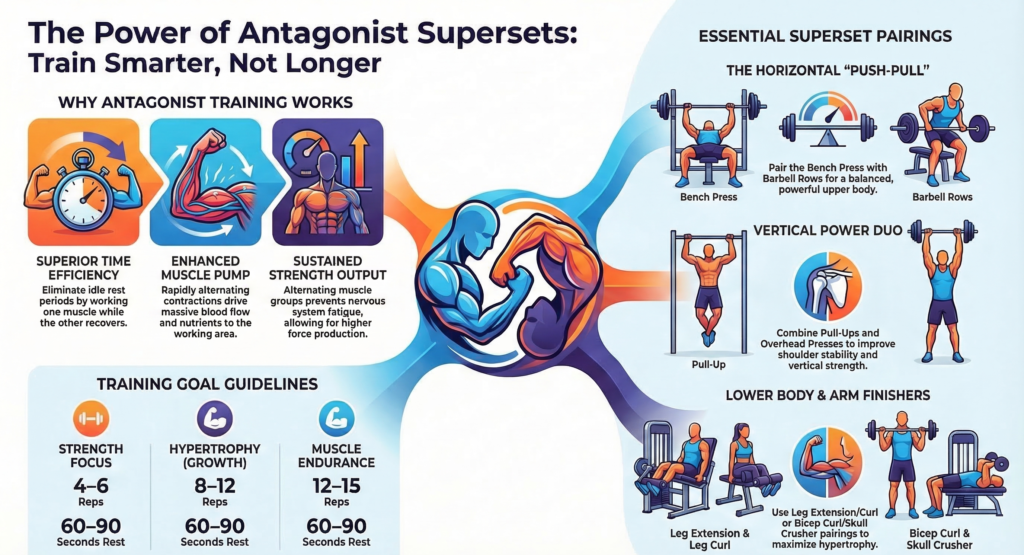Infographic explaining antagonist superset training including push pull exercise pairings, benefits like muscle pump and efficiency, and rep ranges for strength, hypertrophy, and endurance.
