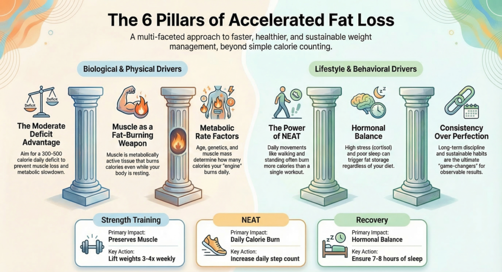 infographic showing 6 pillars of fat loss including calorie deficit metabolism muscle mass NEAT activity hormonal balance and consistency